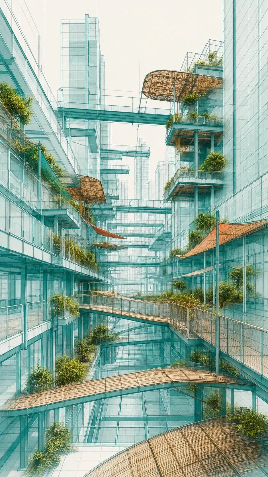 A teal architectural drawing of glass towers joined by stacked woven footbridges, with planted balconies and woven canopies