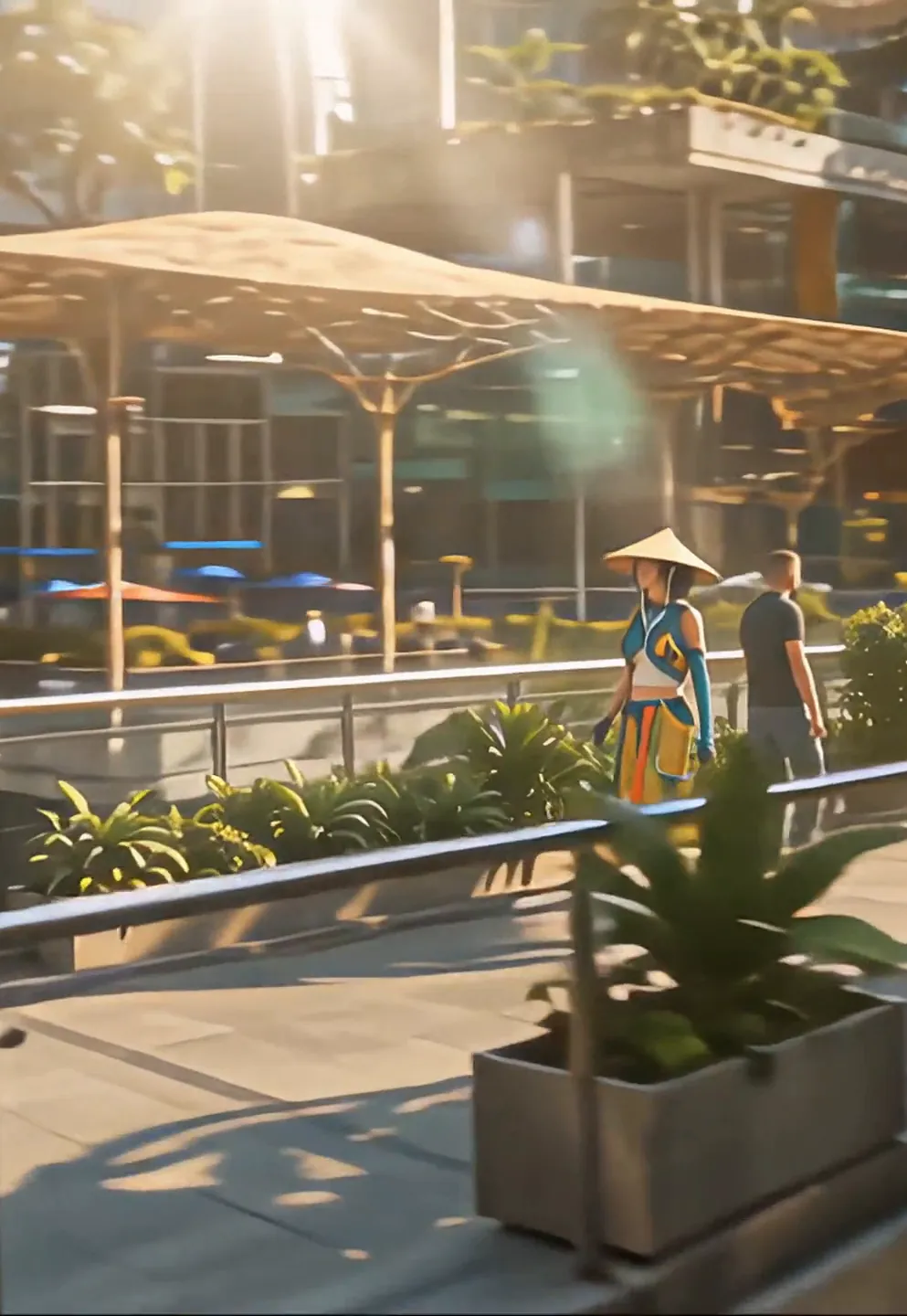 Broad woven canopies on slender stems shading an upper deck, with people walking between the planters