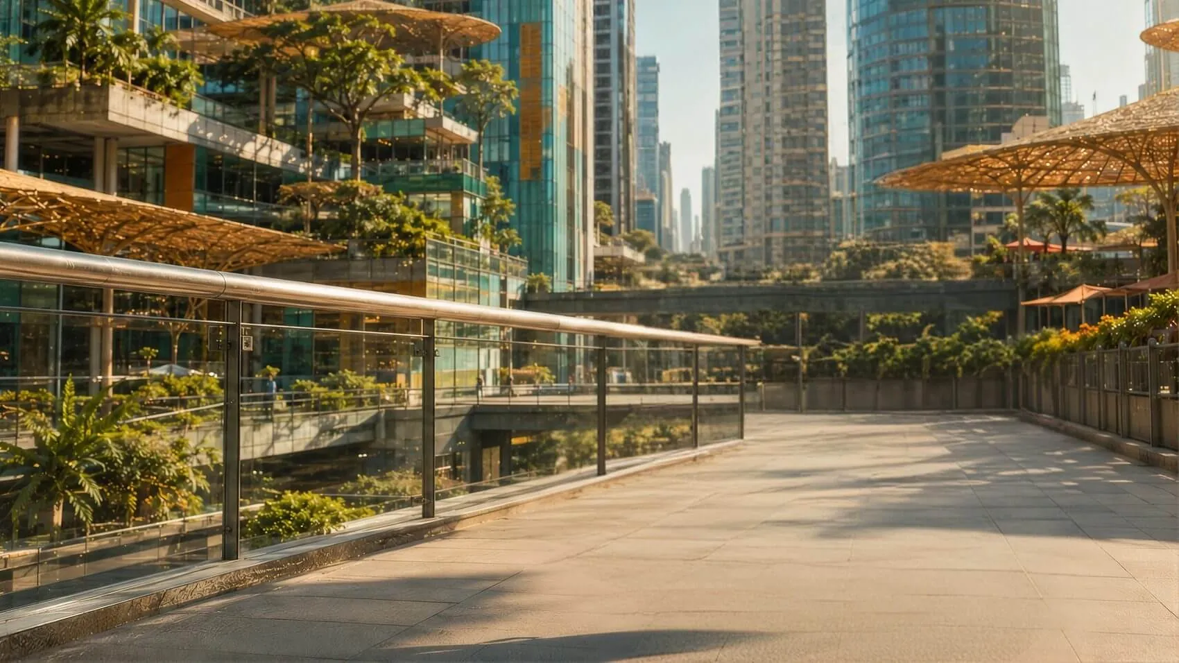 An upper deck walkway in late afternoon sun, glass towers and woven canopies behind a planted balustrade