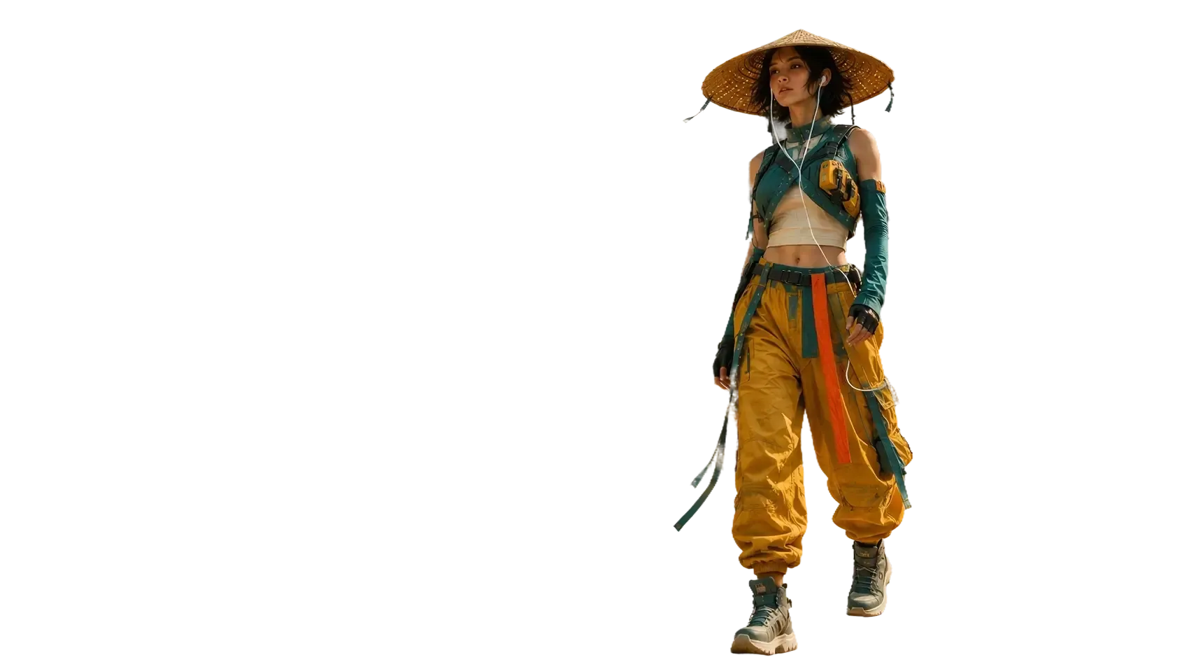 A resident in a conical hat and utility wear walking toward the viewer on the upper deck