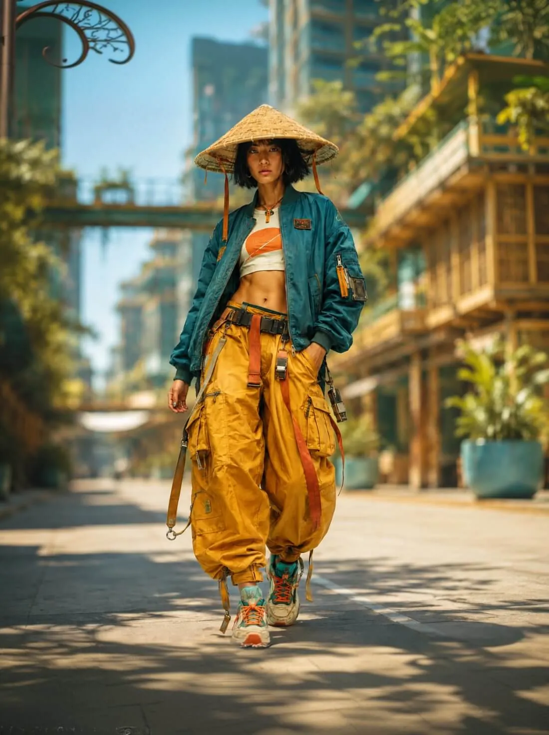 A resident in a conical straw hat, a teal bomber jacket and wide mustard utility trousers walking a sunlit street
