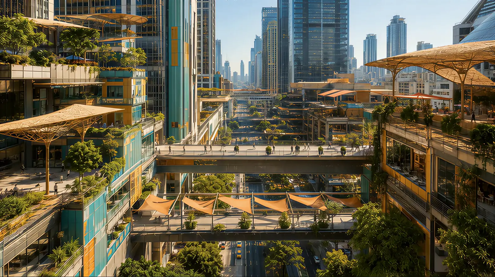 Elevated pedestrian decks running between tropical towers, several levels above the ground